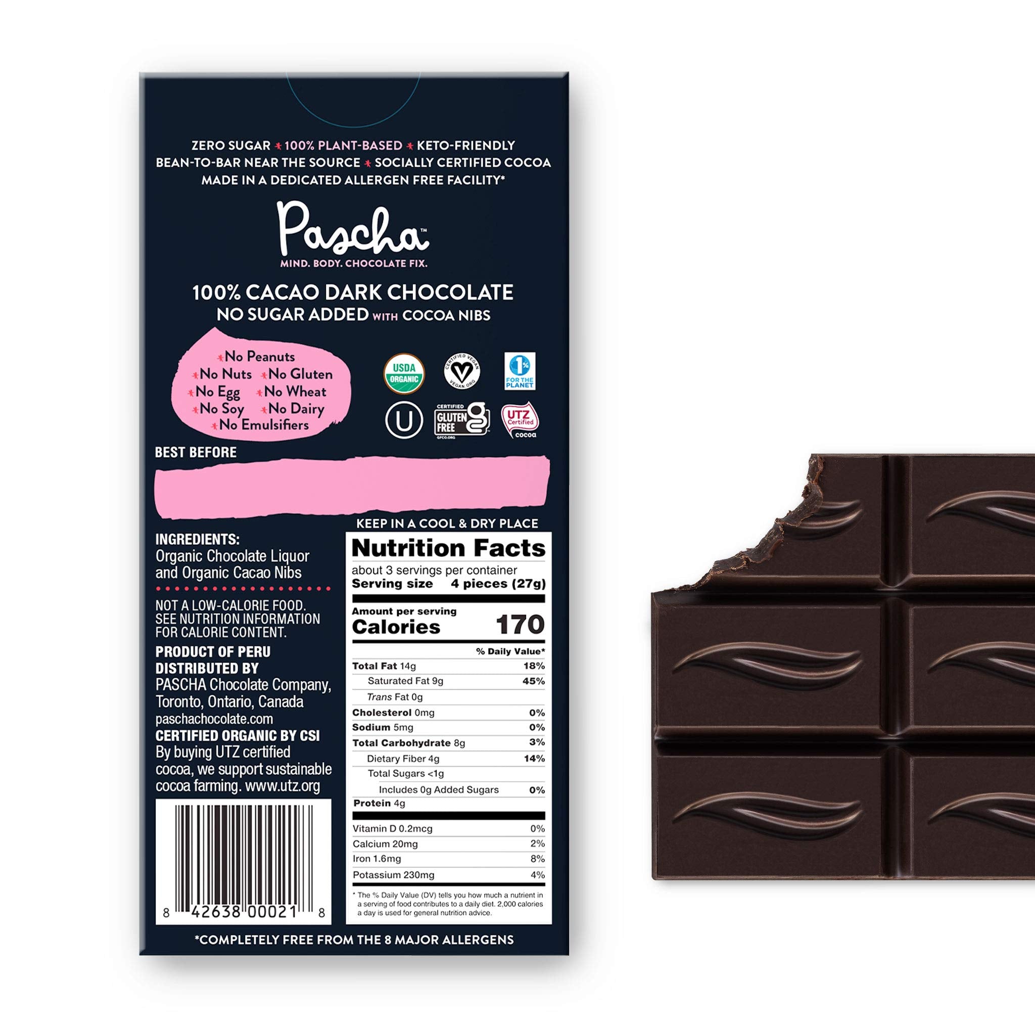 Product image of Pascha Organic No Added Sugar 100% Cacao Cocoa Nibs Chocolate Bars UTZ Gluten Free Non GMO Pack of 5